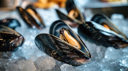 Fresh mussels on ice in seafood restaurant. Seafood concept