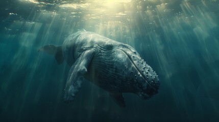 Whale singing under the ocean, close up, serene lighting, documentary style, immersive