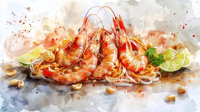 Watercolor illustration of Pad Thai, vibrant noodles and prawns, accented with peanuts and lime, natural earthly tones, white background