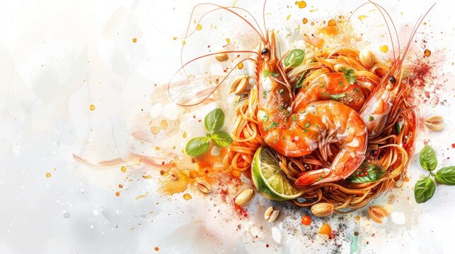 Watercolor illustration of Pad Thai, vibrant noodles and prawns, accented with peanuts and lime, natural earthly tones, white background