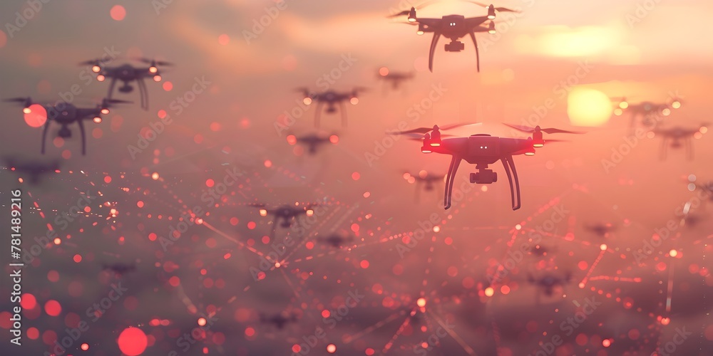 Poster interconnected drone network visualizing wireless communication of the future