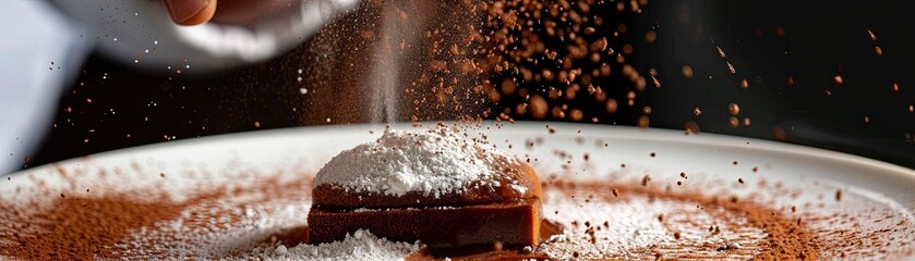 Cocoa powder being sifted over a chocolate dessert