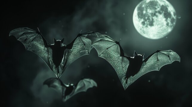 3 detailed bats, vintage moonlit scene, hyper realistic, stark white on black, high contrast