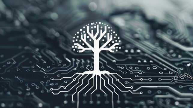 2D minimalist logo, ash tree from circuit components, wide branches, chip in crown, circuit roots, black on white