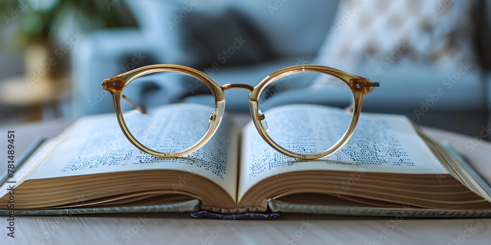 Poster glasses resting on an open book against a minimalist backdrop inviting contemplation and escape