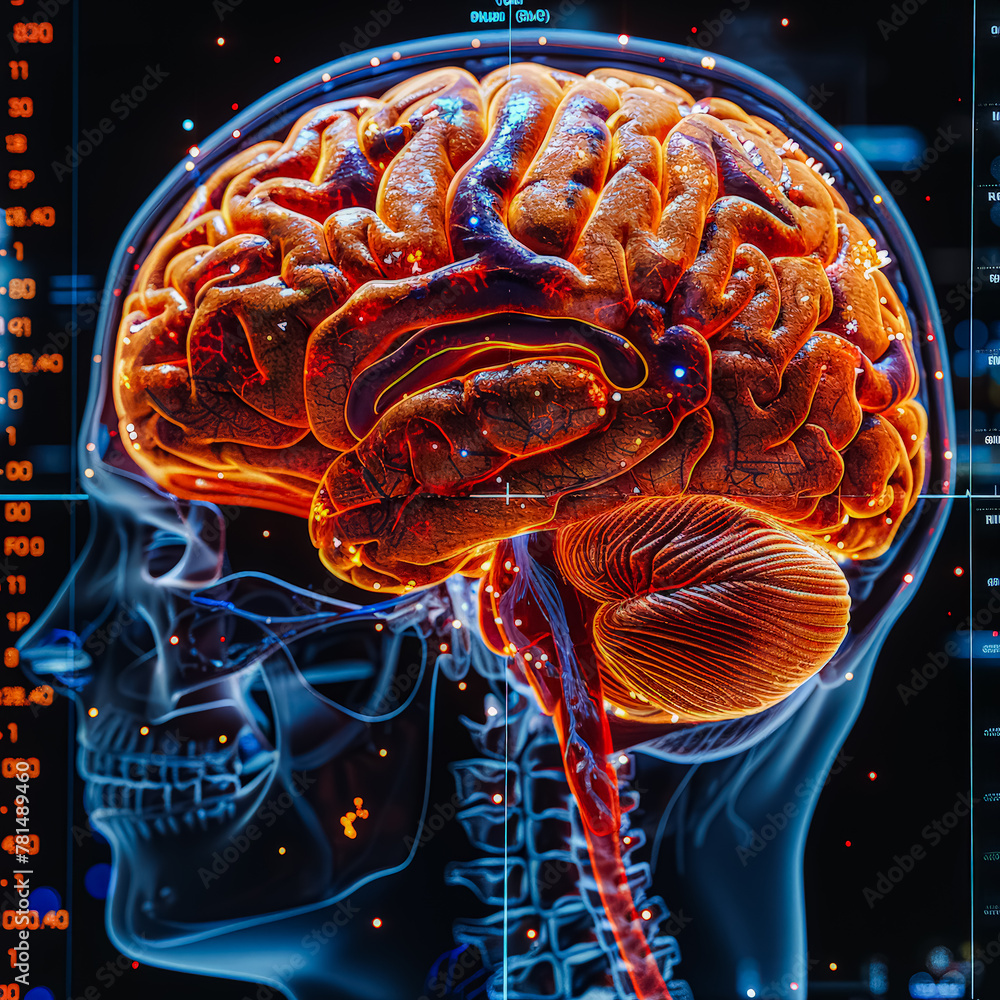 Aufkleber a brain is shown in a very detailed and colorful way. the brain is surrounded by a black background 