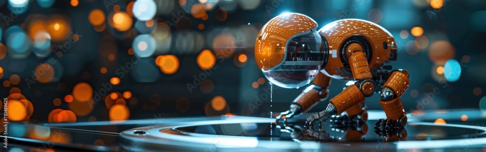 Poster robot sits thoughtfully in a sci-fi setting