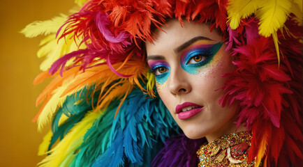 Pride Month, LGBTQ, homosexual man wears bold makeup and clothes with feathers, drag queen artist, transvestite performer