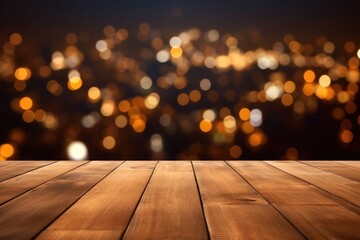 The empty wooden table top with blur background of restaurant at night. Exuberant image. generative ai - obrazy, fototapety, plakaty