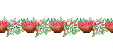 Seamless border on a colored background of flowers, leaves, raspberries watercolor illustration on a white background. Hand-drawn for cookbooks, dessert recipes and country food. - obrazy, fototapety, plakaty