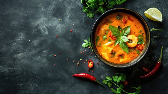 Thai tom yum soup with prawns and chili pepper on dark background