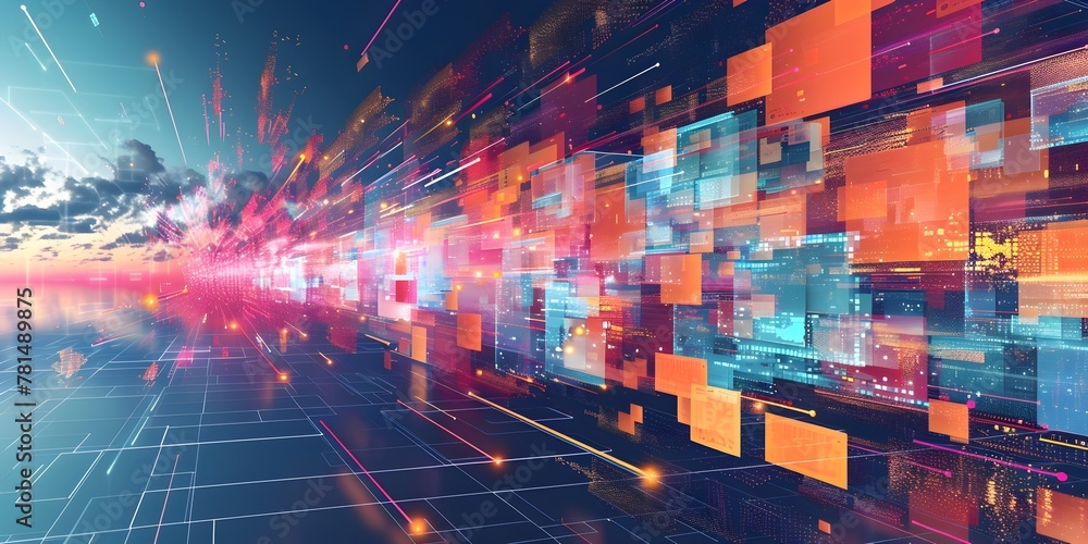 Poster vibrant digital ecosystem of data streams and interconnected devices visualizing the flow of informa