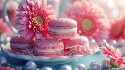 Afternoon tea with a surrealist twist, colorful macarons, Michelin touch, flowers, pearls, close up, dreamy romance