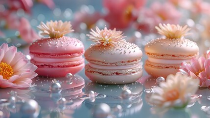 Afternoon tea with a surrealist twist, colorful macarons, Michelin touch, flowers, pearls, close up, dreamy romance - obrazy, fototapety, plakaty