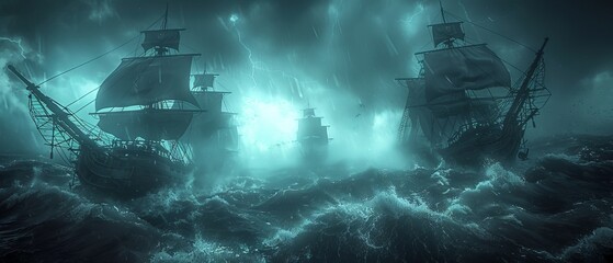 Ancient maritime explorer ships in a stormy sea, high angle, dynamic lighting, epic style - obrazy, fototapety, plakaty