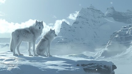 Arctic animals in their natural habitat, wide shot, serene snowscape, survival in extreme cold