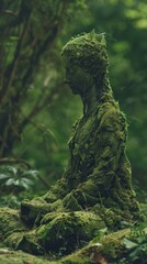 Moss-covered forest statue in serene nature
