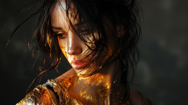 Artistic photo capturing a 30 year old woman with disheveled dark hair in a black studio, her form artistically obscured by a 3D gold paint stroke across her body