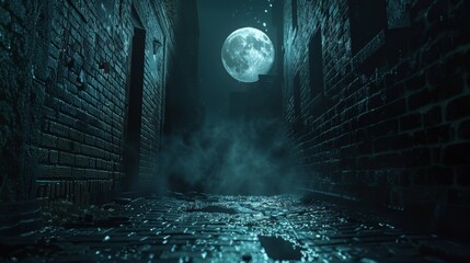 Bandit lurking in shadowy alley, medium shot, moonlit, suspenseful atmosphere, thriller style - obrazy, fototapety, plakaty
