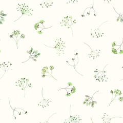 Floral seamless pattern with delicate green abstract scattered branches, light watercolor illustration on ivory background for cover, background, wallpaper or textile.