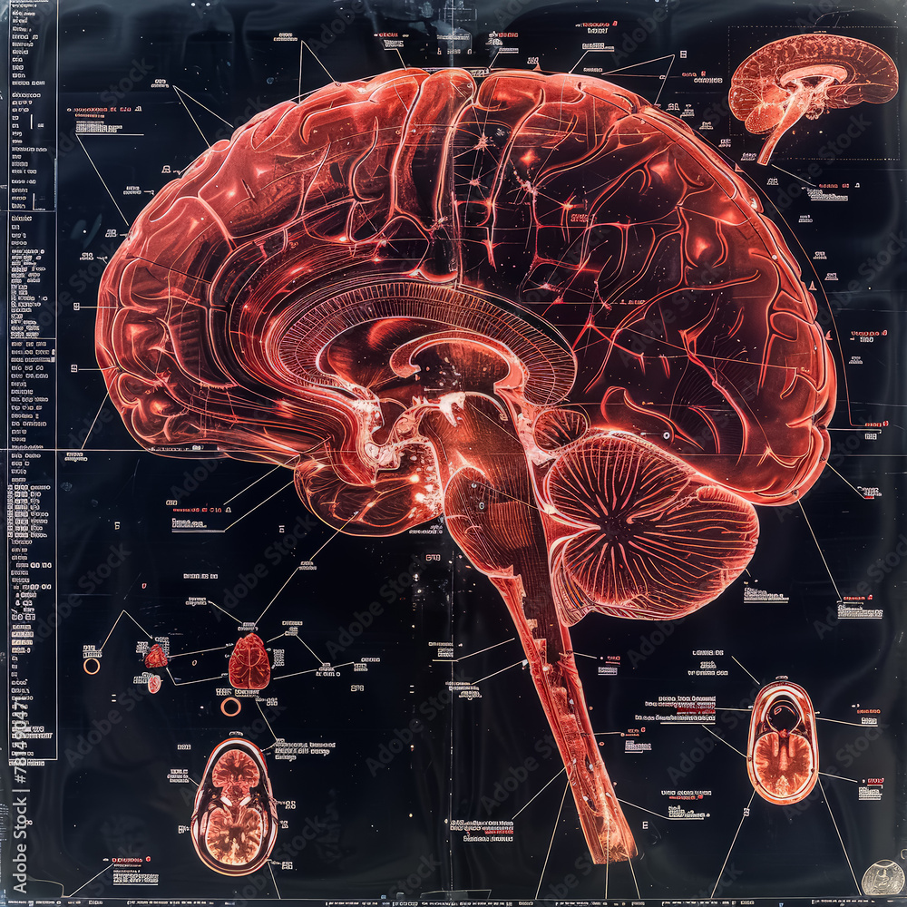 Poster a close up of a brain with a red outline. the brain is shown in detail with many different parts lab