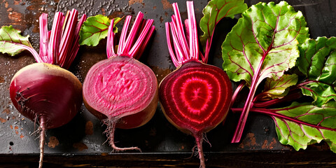 Richly colored beetroots with vibrant leaves against a dark, textured slate, evoking a sense of organic freshness and culinary appeal - obrazy, fototapety, plakaty