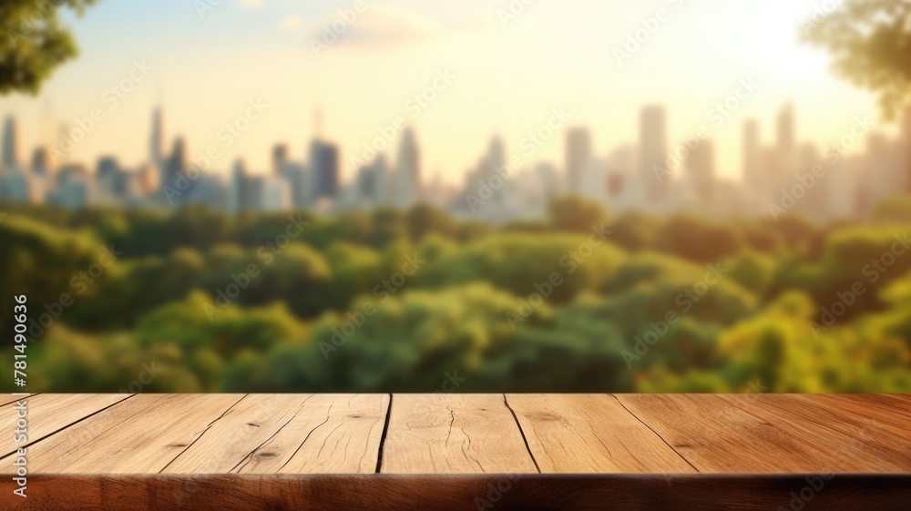 Poster the empty wooden table top with blur background of city park skyline. exuberant image. generative ai