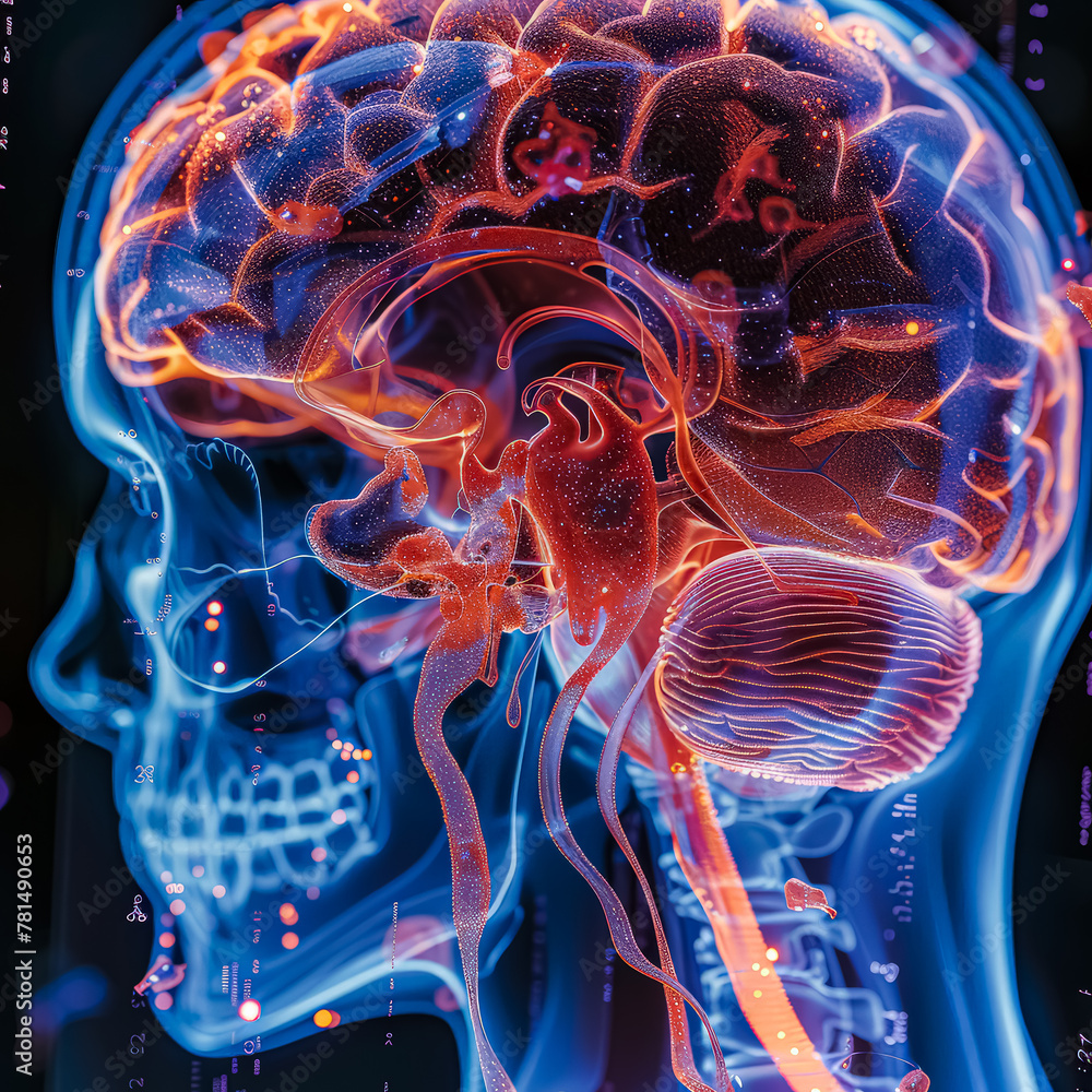 Poster a brain is shown in a very detailed and colorful way. the brain is surrounded by a black background 