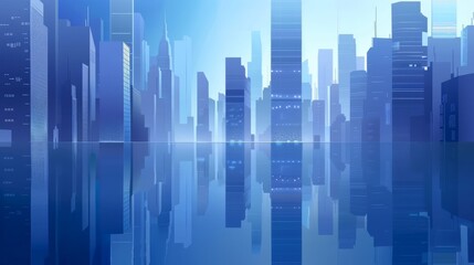 Fototapeta na wymiar Digital illustration of a futuristic blue city skyline with a clear reflection in water