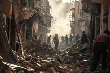  a child stands atop rubble-strewn streets amidst collapsed buildings, while people desperately navigate through debris in search of safety
