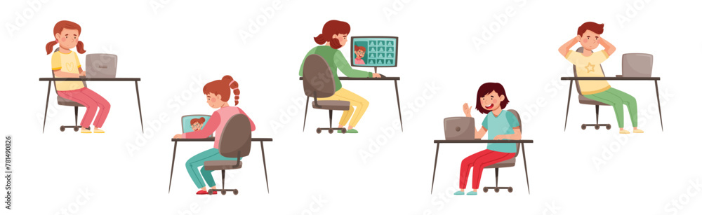 Poster home schooling with children at desk with computer vector set