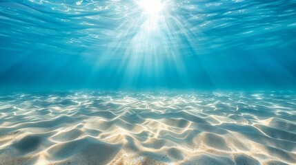 Serene underwater view with sunlight filtering down to the sandy ocean floor - obrazy, fototapety, plakaty