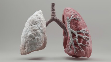 This comparative 3D render contrasts a diseased lung with a bio-engineered lung tissue implant, illustrating the transformative potential of medical advancements.