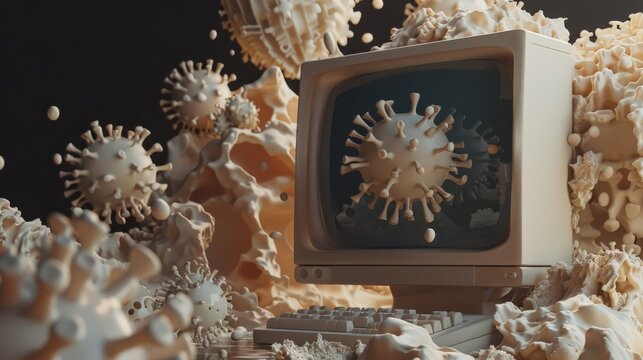 A stylized clay computer vividly showcases a virus infection, highlighted by warning symbols and a burgeoning protective barrier, set against a stark, minimalist background.
