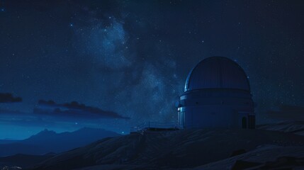 An isolated observatory stands under the infinite expanse of the Milky Way, capturing the serene beauty of a cosmos-filled night sky, inviting contemplation of the universe's mysteries.
