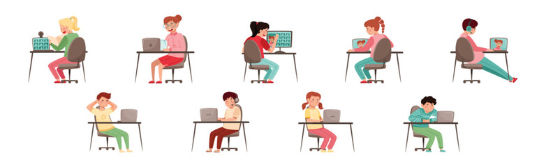 Home Schooling with Children at Desk with Computer Vector Set