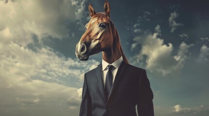 Distinguished Horse Diplomat Surveying the Horizon. A stately horse dons a diplomat's attire, gazing into the distance against a cloud-filled sky, symbolizing leadership and global affairs. - obrazy, fototapety, plakaty