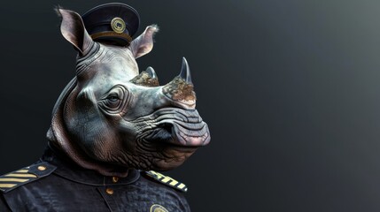 Vigilant Rhino Guard in Uniform on Secure Watch. A rhinoceros dressed as a stoic security guard stands on duty, exuding a mix of safety and sternness against a subdued background. - obrazy, fototapety, plakaty