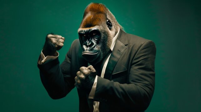 A powerful gorilla in a tailored black suit clenches its fists, presenting a forceful image of leadership and determination with a subtle hint of humor.