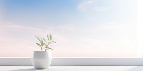 White Pot on Window Sill Background, Sun Morning Mockup, House Windows Banner with Copy Space