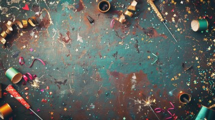 A vibrant flat lay capturing the aftermath of a celebration, with sparklers spent, confetti strewn, and the echoes of laughter lingering in the space reserved for joyful memories.