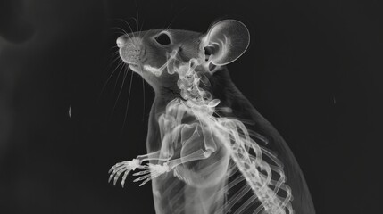 An X-ray film of a mouse that provides a detailed view of its tiny heart and lungs, offering insight into the anatomical functions of small mammals.