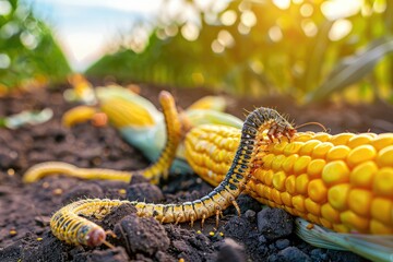 Many Worms Eats Corn Cobs on Corn Field, Hungry Caterpillars Eats Corn Cob, Fall Armyworm