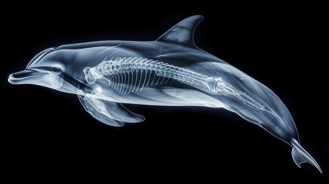 A stunning x-ray image of a dolphin, revealing the complexity of its skeletal structure, set against a stark black backdrop, evoking a sense of scientific wonder and marine life's hidden facets.