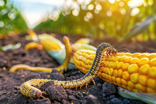 Many Worms Eats Corn Cobs on Corn Field, Hungry Caterpillars Eats Corn Cob, Fall Armyworm