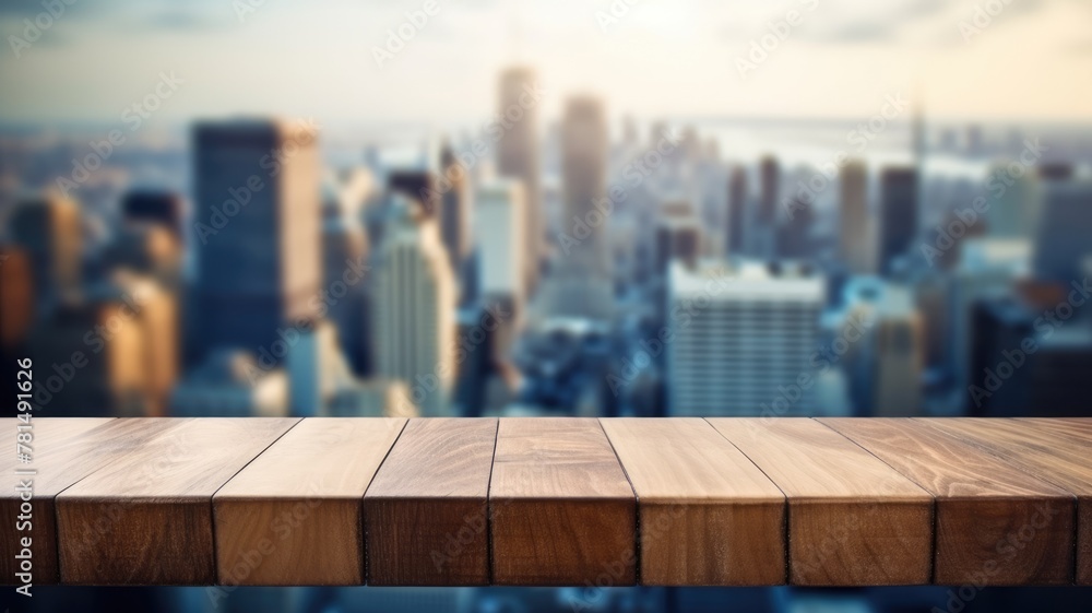 Poster the empty wooden table top with blur background of business district and office building in autumn. 