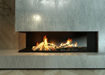 Fototapeta premium Modern glass corner fireplace in the interior