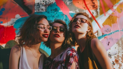 Three fashionable Gen Z women exude confidence in front of a vibrant graffiti backdrop. Their trendy outfits and stylish sunglasses are a statement of youthful self-expression and urban chic.