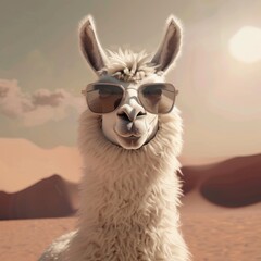 Fototapeta premium Cool Llama in Sunglasses Embracing the Desert Sun. A llama exudes coolness with stylish sunglasses against a desert backdrop, personifying chill vibes and the carefree essence of summer.