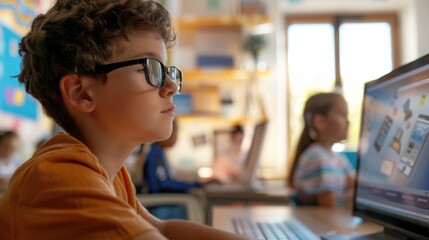 A young boy with glasses is deeply focused on his computer screen, immersed in a virtual class,...